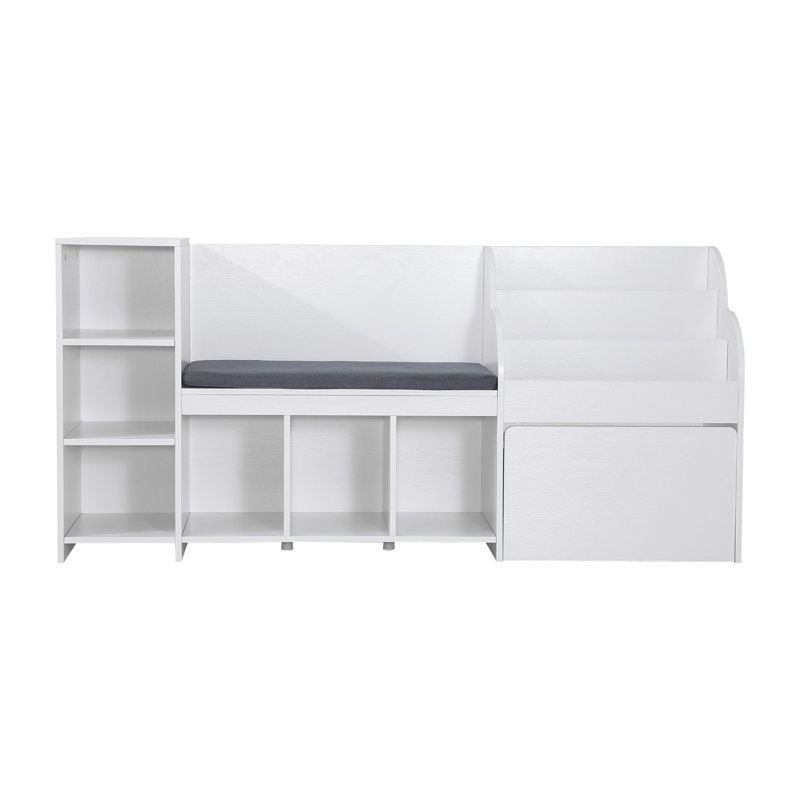 Banc de rangement pour enfants avec dossier, coffre de rangement pour jouets en bois blanc avec 6 compartiments, bibliothèque à 3 niveaux et tiroir, 66,9 x 15,8 x 31,5 po