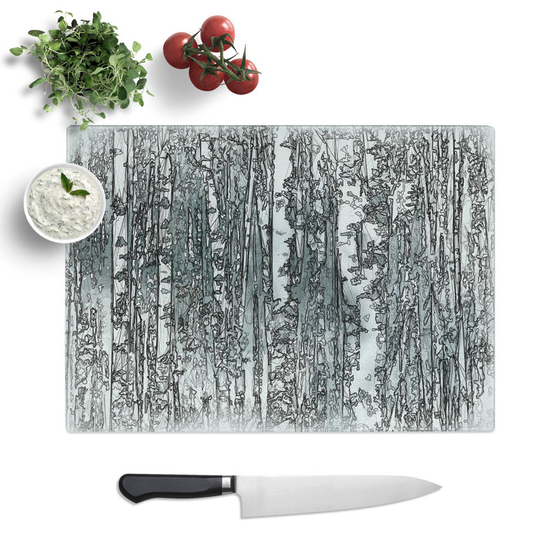 Tempered Glass a Birch Tree Forest Sketch Chopping Board, 20 cm x 28.5 cm
