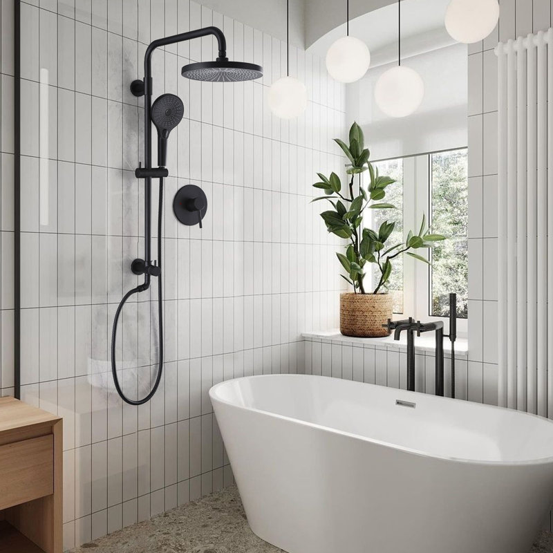 Ensemble de douche combinée ronde en laiton massif 10 "avec valve équilibrée pressée Cascade, Noir mat avec valve brute