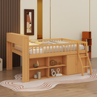 Lit mezzanine avec tablettes de rangement et armoire, structure de lit mezzanine basse en bois avec DEL et échelle, espace sous le lit spacieux