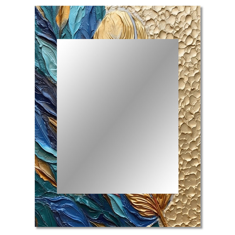 Boho Glam Exquisite Gold On Blue Feather PaintingV - Feathers Wall Mirror, Gold Decorative Mirror, Printed Metal Art