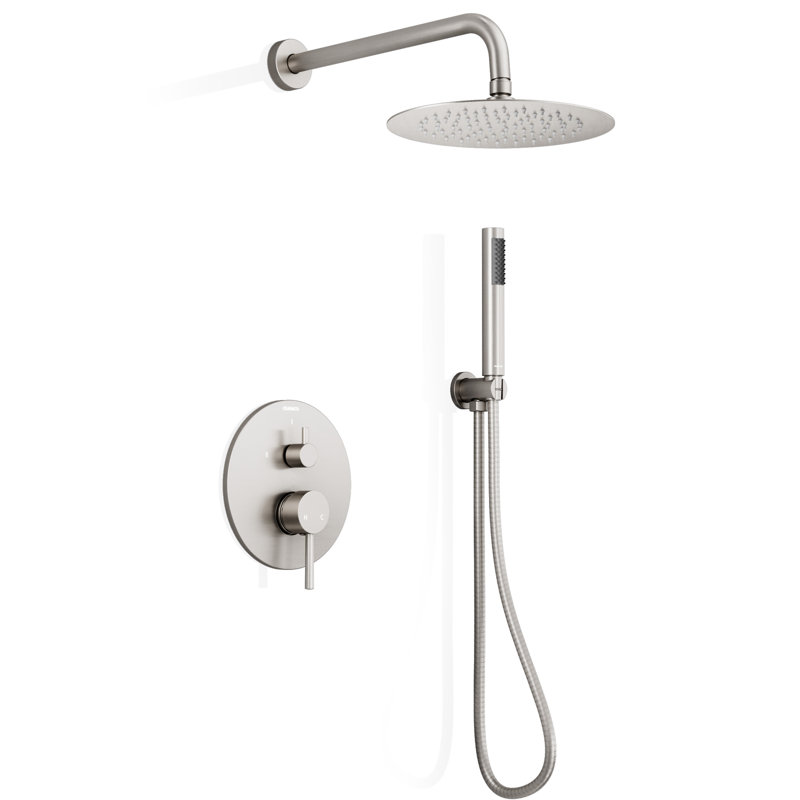 Crozet Pressure Balance Shower System with 10-Inch Round Rain Shower Head and Hand Shower (Valve Included), Brushed Nickel