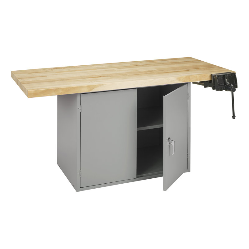 64'' W Wood Top Workbench, 1 Vise
