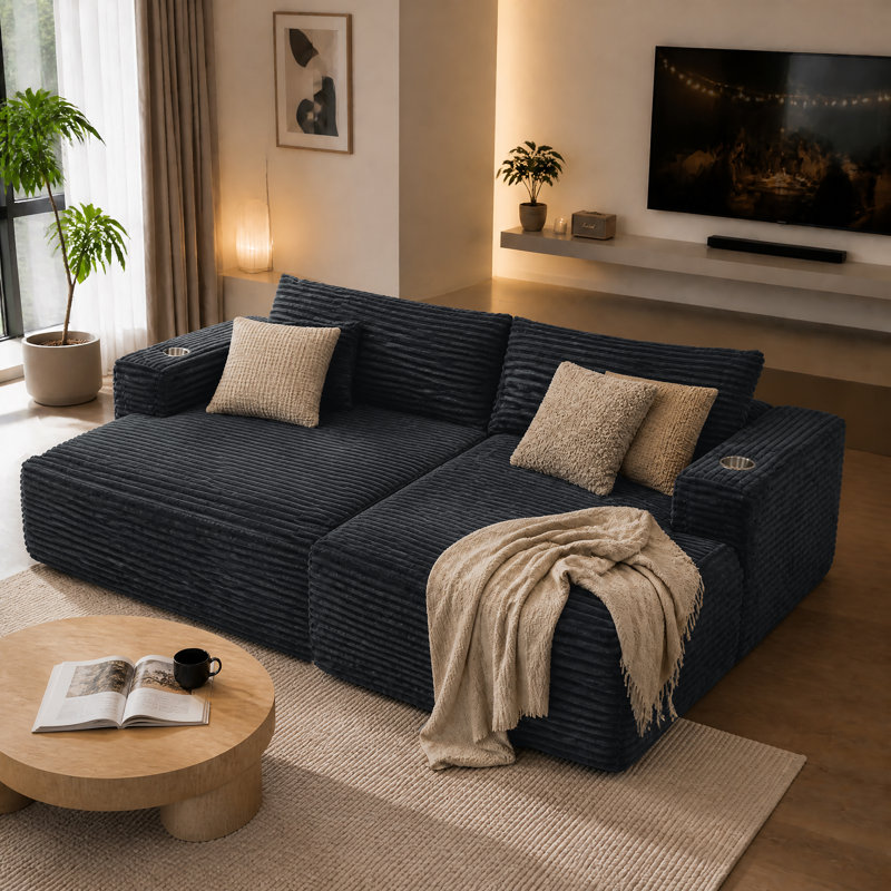 74" Modern Deep Seat Corduroy Sofa Bed Compression Lounge Couch with Oversized Cushions, Black