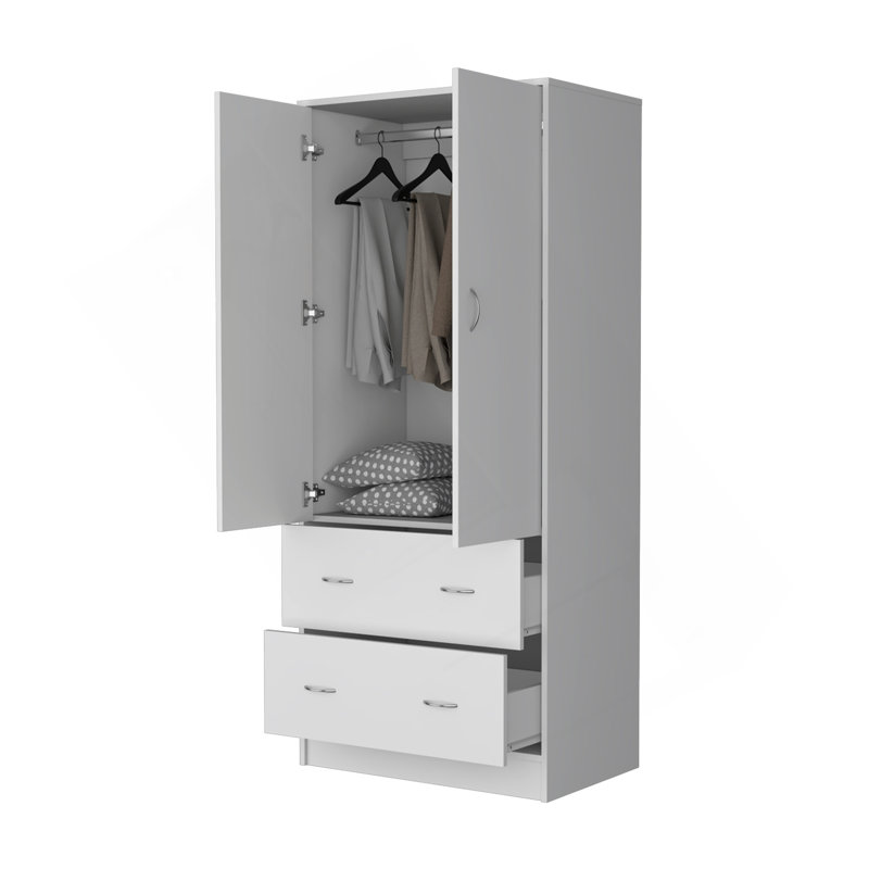 Wenden Wardobre With 2 Drawers, 2 Doors, Ample Storage And Hanging Rod,White, White
