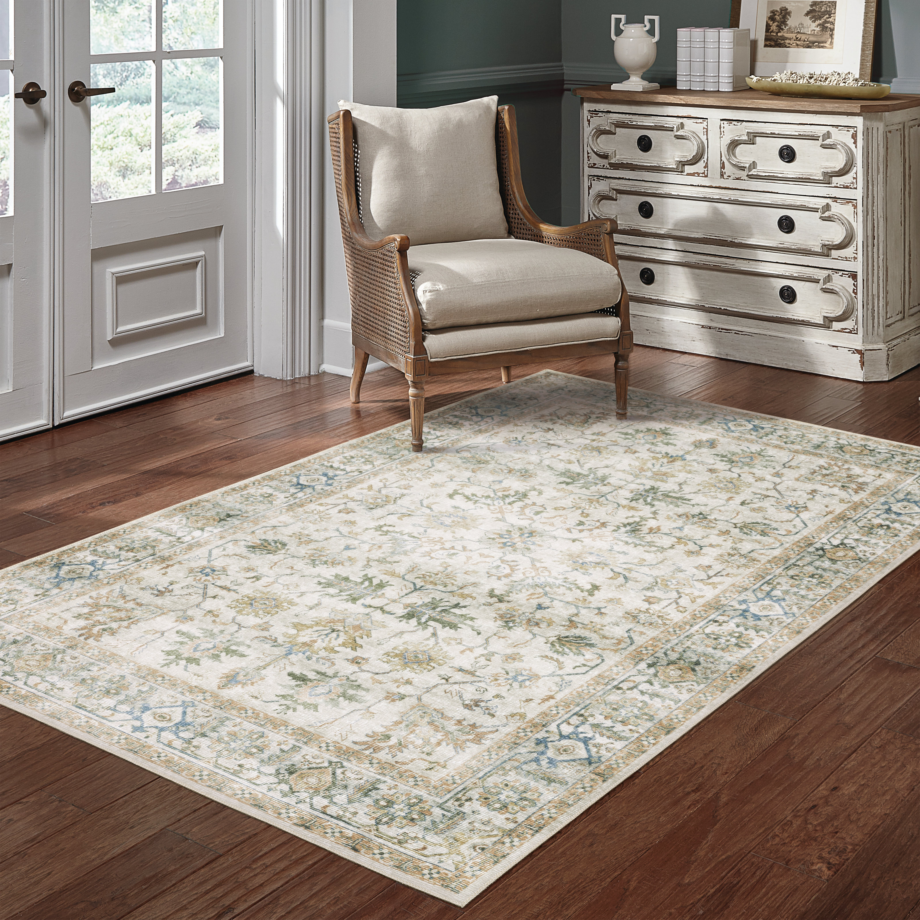 4' x 6' Grey Charcoal Gold Brown Ivory Pale Sage and Light Blue Oriental Printed Stain Resistant Non Skid Area Rug