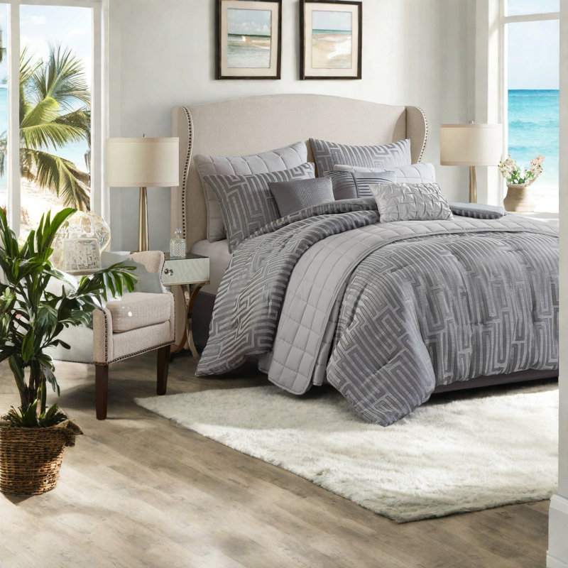 Luxury 10 Piece Bedding Sets, Polyester Jacquard Grey For Home