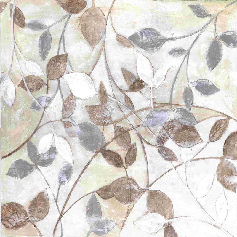 Greige Leaves 2 - peinture sur toile tendue, H 12 po x l 12 po
