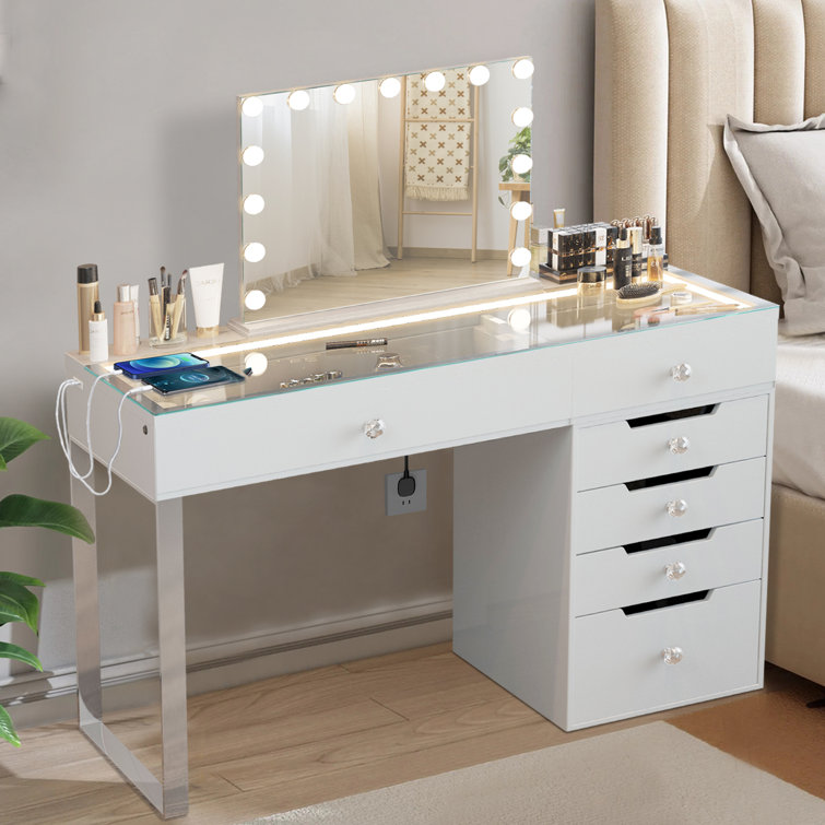 Everly Quinn Makeup Vanity Dressing Table with LED Light & Reviews