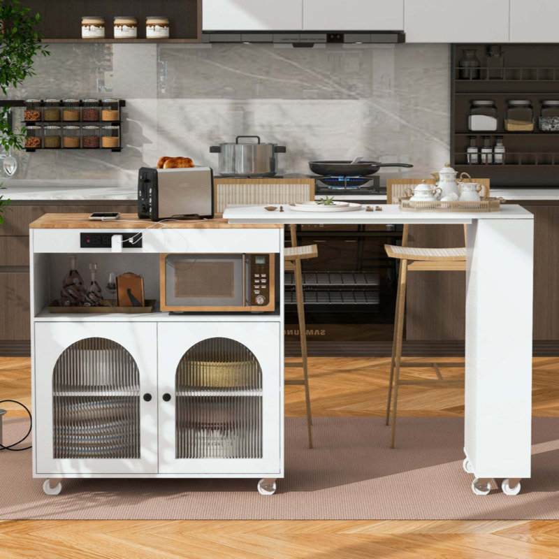 Rolling Kitchen Island With Extended Table, Kitchen Island On Wheels With LED Lights,Power Outlets And 2 Fluted Glass Doors, Kitchen Island With A Storage Compartment And Side 3 Open Shelves