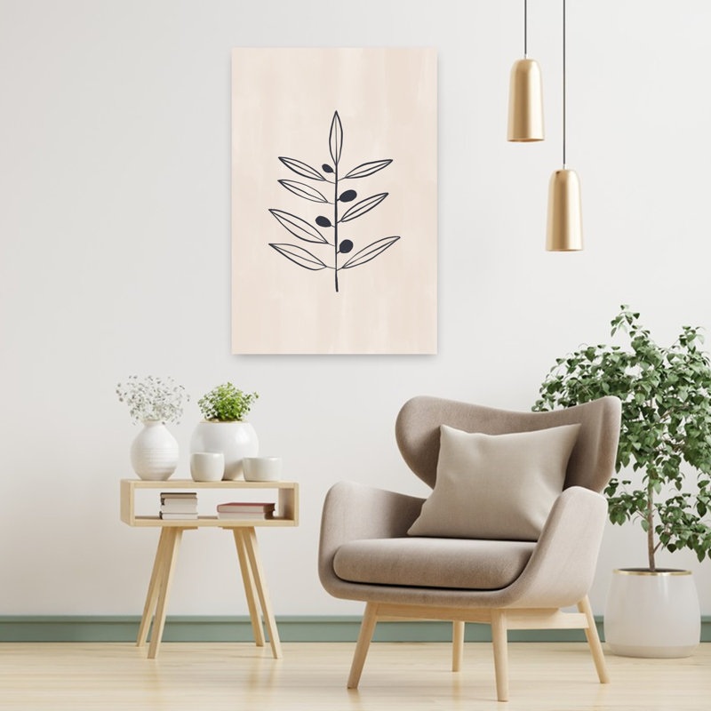 Illustration murale minimaliste représentant un paysage végétal abstrait avec une branche d'olivier