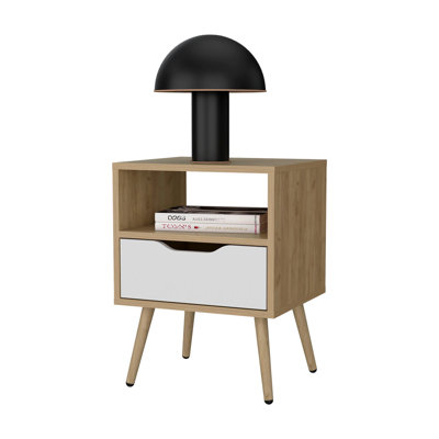 Natural Oak And White Nightstand With Open Storage - Modern Bedroom Nightstand With Storage Drawers | Stylish Furniture Organizer