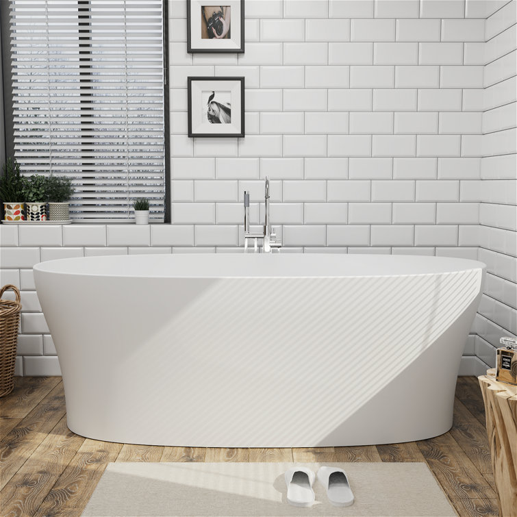 63" Solid Surface Stone Resin Oval-shaped Freestanding Soaking Bathtub With Overflow