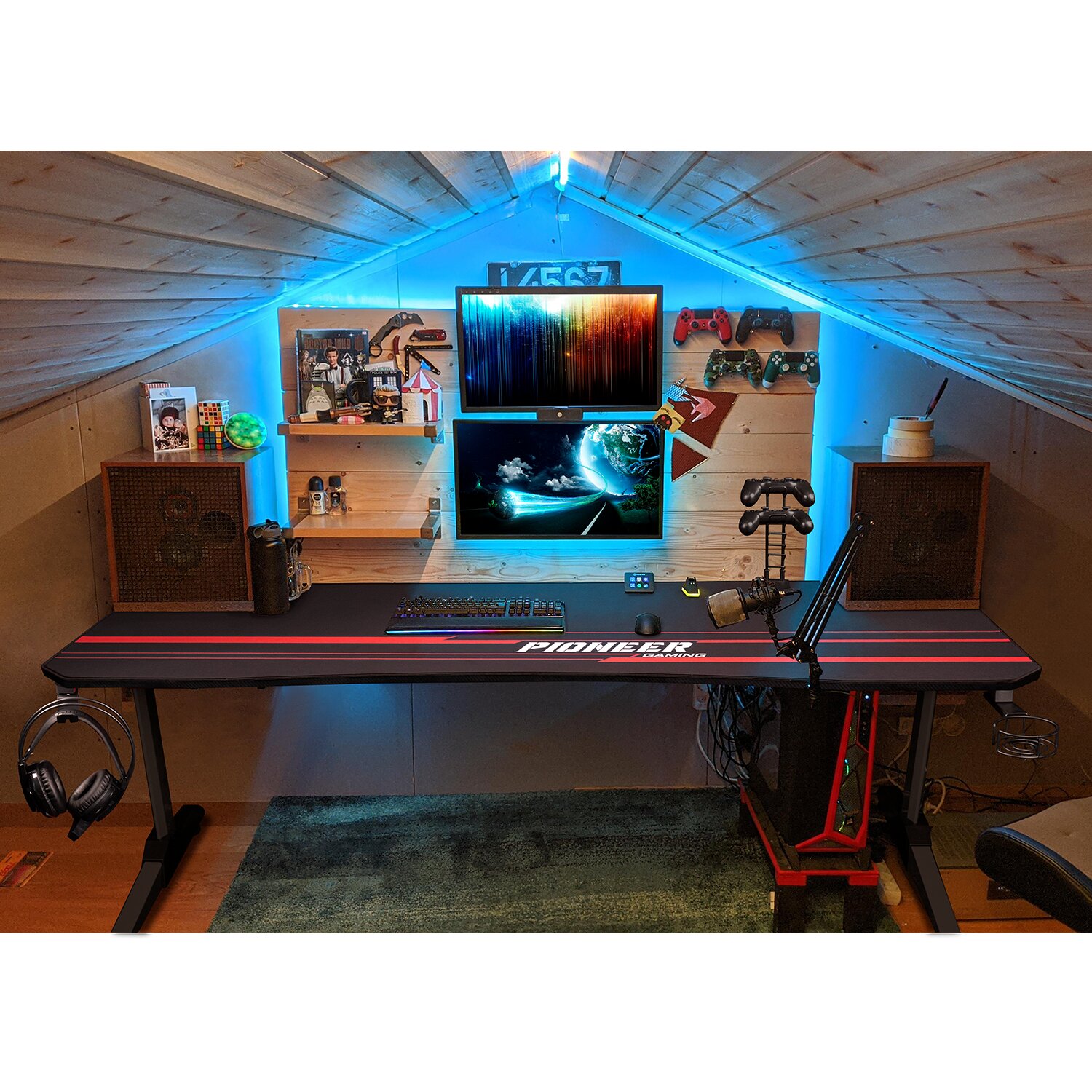 Gaming Desk with Led Lights and Power Strip L Shaped Desk Corner Computer  Desk with Monitor Stand, Carbon Fiber Surface Gaming Table with Desk  Accessories Cup Holder Headphone Hook, Black 