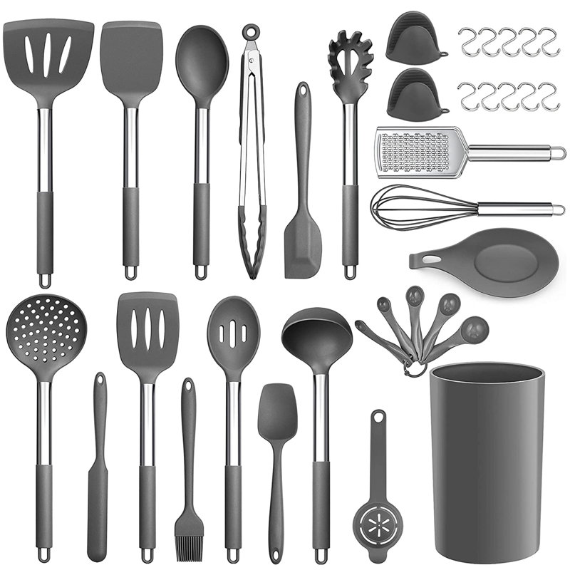Ensemble d'ustensiles de cuisine en silicone, ensemble d'ustensiles de cuisine en acier inoxydable, résistant à la chaleur antiadhésif, gris