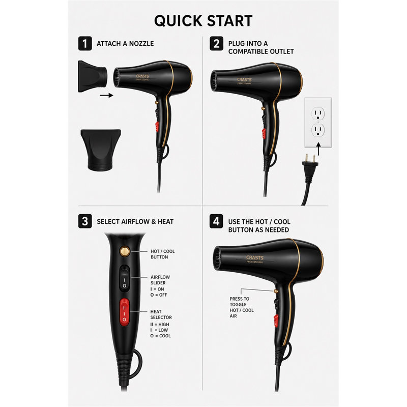 Sèche-cheveux 1200-1500W, 2 buses pour la maison