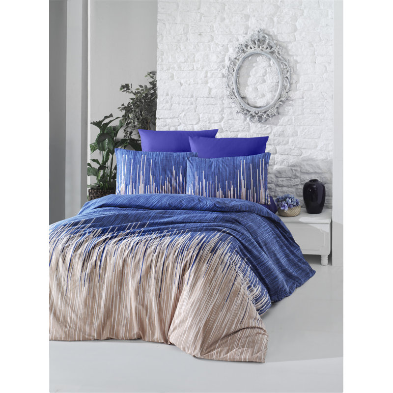 Cotton Ombre Duvet Cover, 61" x 87" Duvet Cover + 1 King Pillowcase, Dark Blue/Beige/White