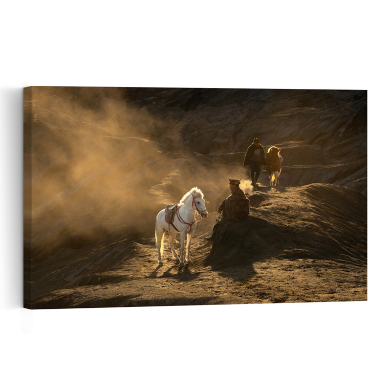 Golden Journey Dramatic Traditional Tranquil Horse Landscape Mountain Wall Art Print by Sita Gramich - Print
