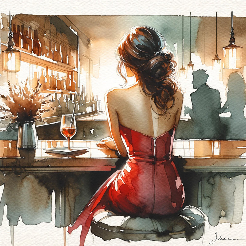 Art mural moderne sur toile tendue, "Moderne en robe rouge" pour salon, salle à manger ou bar à la maison