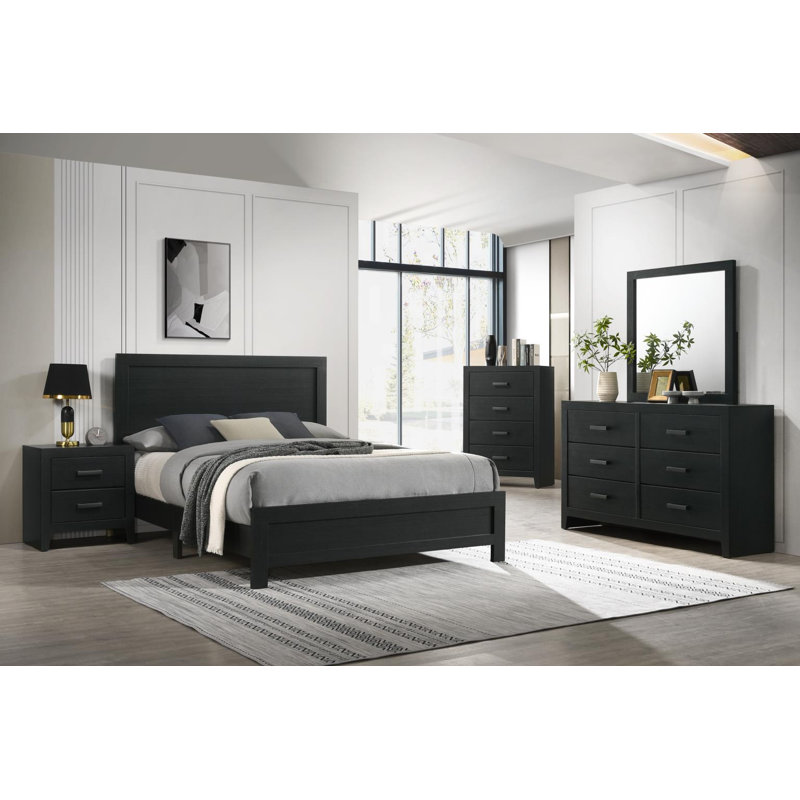 Cadre de grand lit - Commode - Miroir - Commode - Table de chevet, Ebony Black, Queen