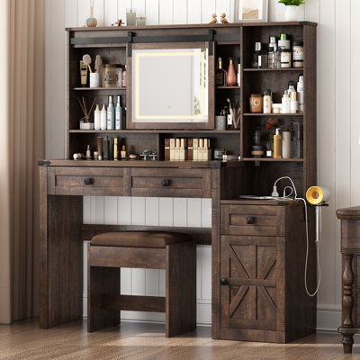 Ensemble de coiffeuse avec porte de grange avec miroir lumineux, plateau en verre et douille