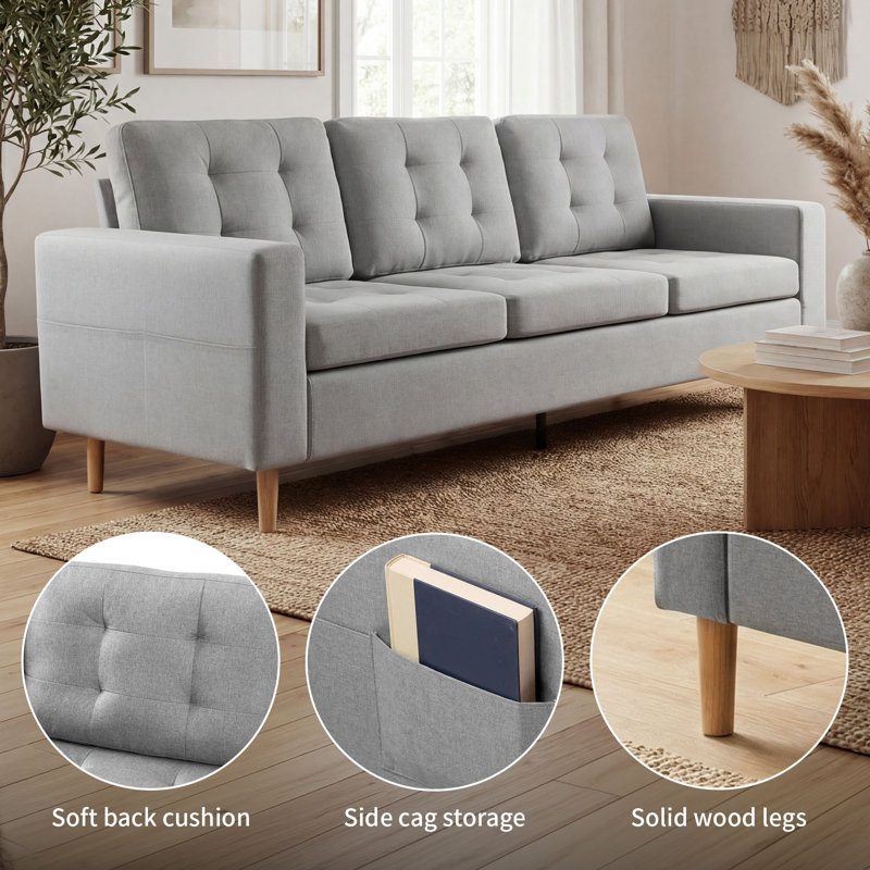 3 Seater Fabric Sofa, Natural Wood, Light Gray