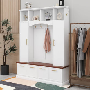 Hall Tree With Golden Hooks And Handles, Practical Entryway Walnut Bench With Adjustable Shelves, Farmhouse Wooden Style Coat And Shoe Rack