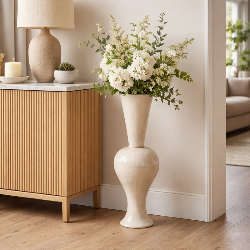 Artistic Floor Vase For Home Decor - Decorative Oversized Tall Flower Vase For Entryway Accent - Tall Sculptural Pedestal Vase For Hallway Decor - 28", Ivory
