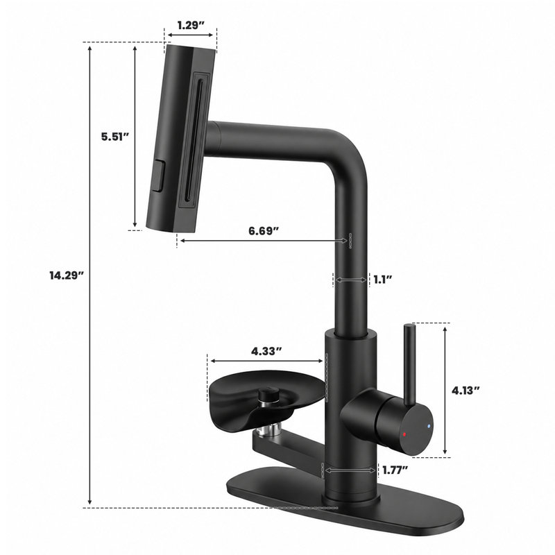 Robinet de cuisine rétractable à poignée simple avec pulvérisateur 3 modes et rince-verre, Matte Black
