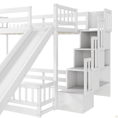 Lit simple superposé au dessus d'un lit double avec glissade, escalier de rangement, lit superposé en bois de pin massif avec garde-corps
