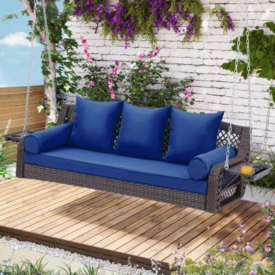 3 Seat Porch Swing, Wicker Patio Swing With Cup Holders & 3 Back Cushions, Yard Swing With Chains For Deck Garden Backyard,Brown Double Ribs Rattan,56-Inch