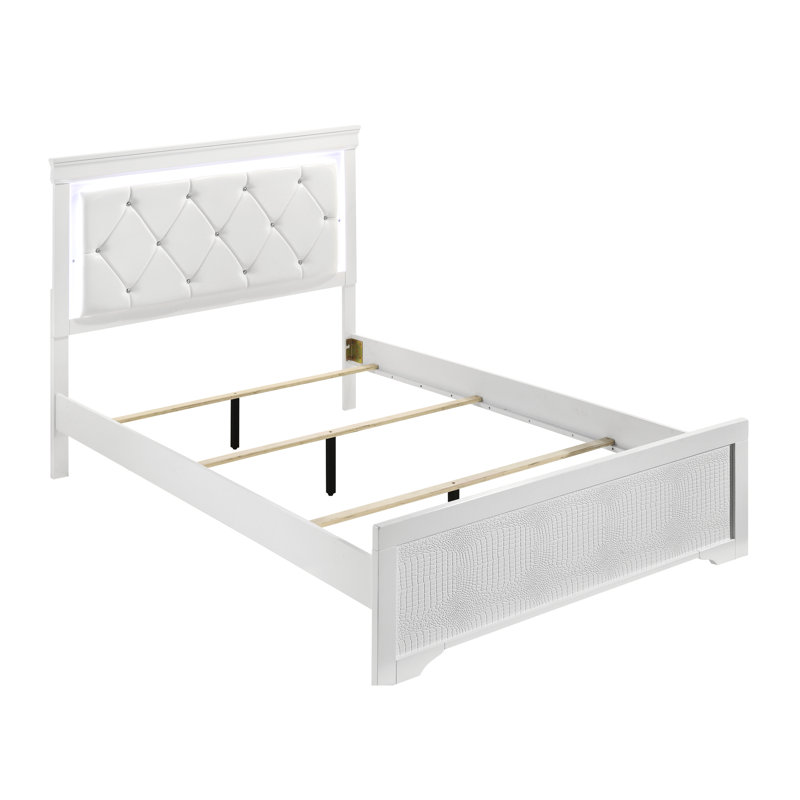 Lit simple blanc avec tête de lit et lumières à DEL intégrées pour la chambre à coucher en bois, Blanc