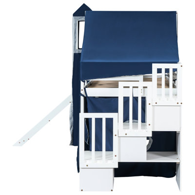 Lit mezzanine simple avec tente et tour bleues. Bois de pin massif robuste. Conception inspirée de la maisonnette. Spacieux sous l'espace. Matelas non inclus. Assemblage requis. Rangement