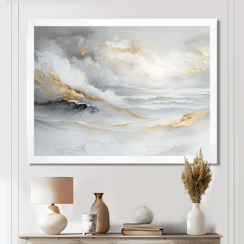 «Pure Golden Minimalisme Coastal Landscape II» - art mural plage côtière, H 30 po x l 40 po, Cadre flottant, Blanc