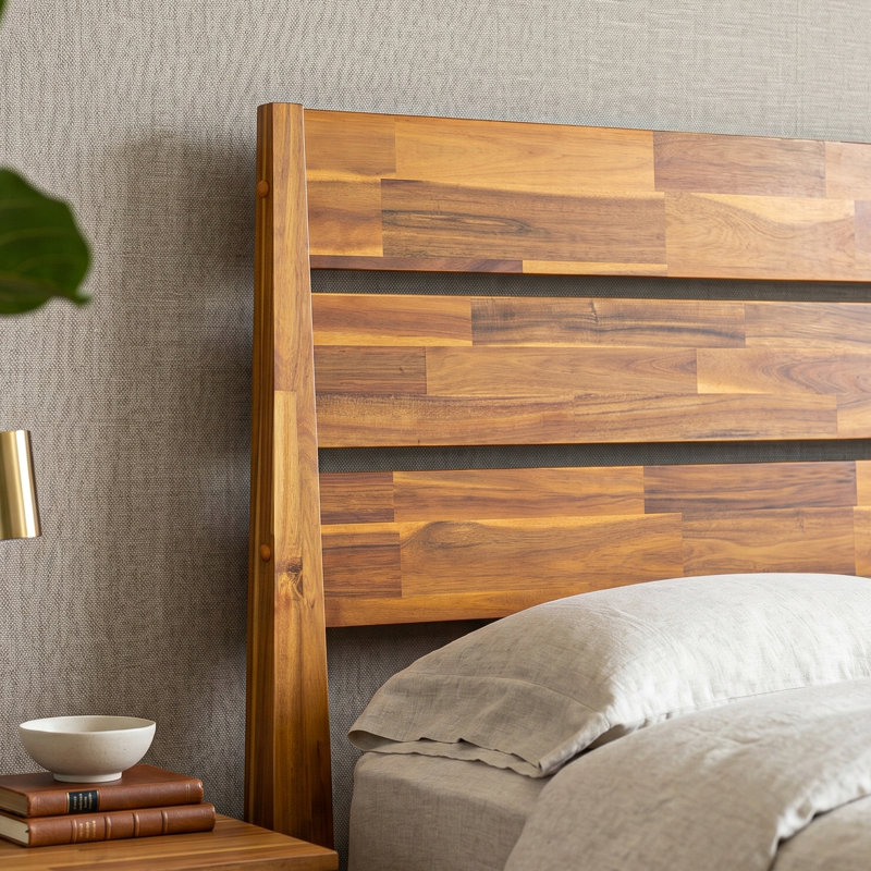 Tanira Queen Size Mid-Century Solid Wood Platform Bed Frame, TAB-45-Q, with Slatted Headboard, Golden Maple, No Box Spring Needed