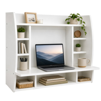 White Floating Wall-Mount Desk with Shelves, Space-Saving Laptop Workstation for Writing, Study, Bedroom, Living Room, Office