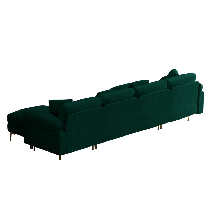 Canapé modulaire en chenille en U 114 po avec méridienne et pieds dorés, Velours vert