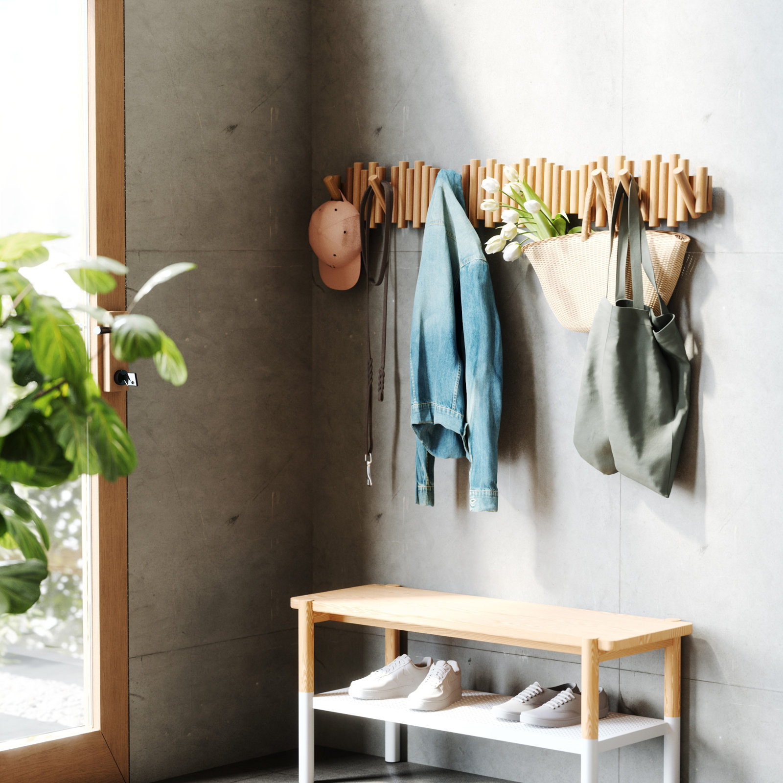 5-Hook Solid Wood Coat Rack, Light Brown