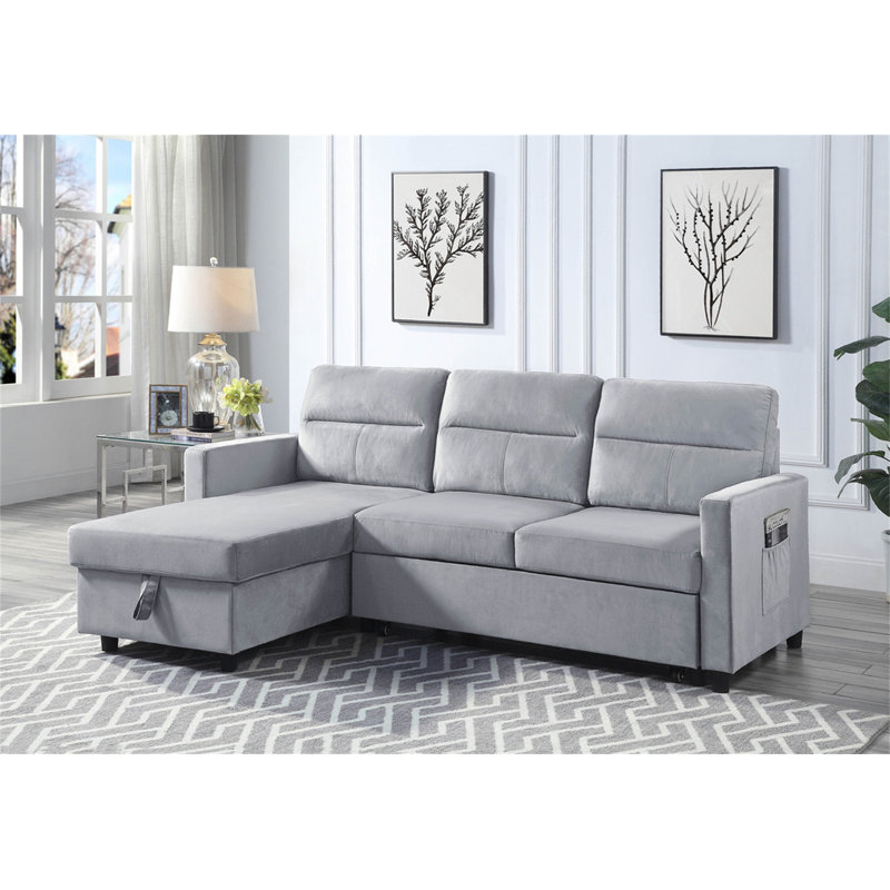 Canapé-lit modulaire réversible en velours gris clair de 81,5 po Ruby avec méridienne de rangement et poche latérale