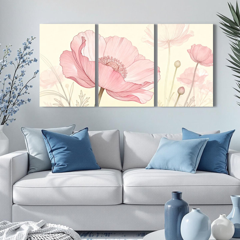 «Pink Poppy», art mural tendu sur toile à motif floral (ensemble de 3), H 36 po x l 72 po