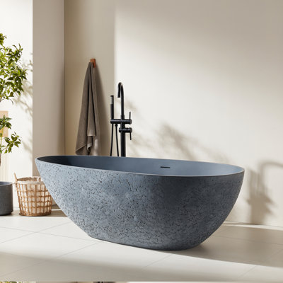 Rainlex 67" Solid Surface Freestanding Tub, Egg-Shaped Resin Stone Bathtub with Cement-Textured Matte Finish, Ergonomic Backrest & Slip-Resistant Design