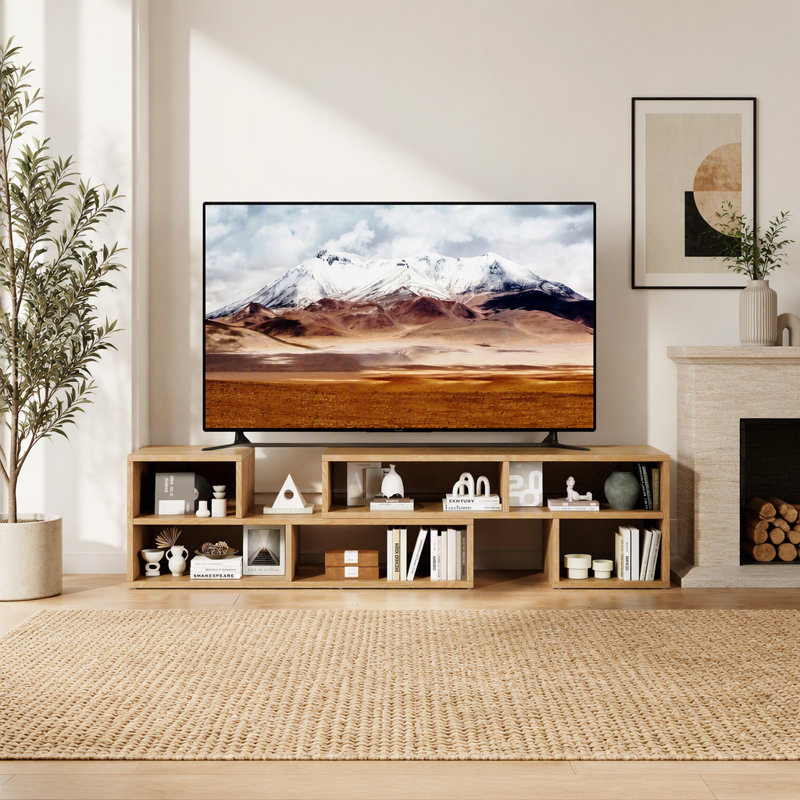 Meuble télé modulaire Freestyle, console multimédia réglable en bois clair avec compartiments de rangement ouverts, centre de divertissement minimaliste moderne, meuble télé à combinaison libre pour le salon