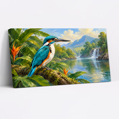 Blue Kingfisher Bird On Branch Near Waterfall Canvas Wall Art