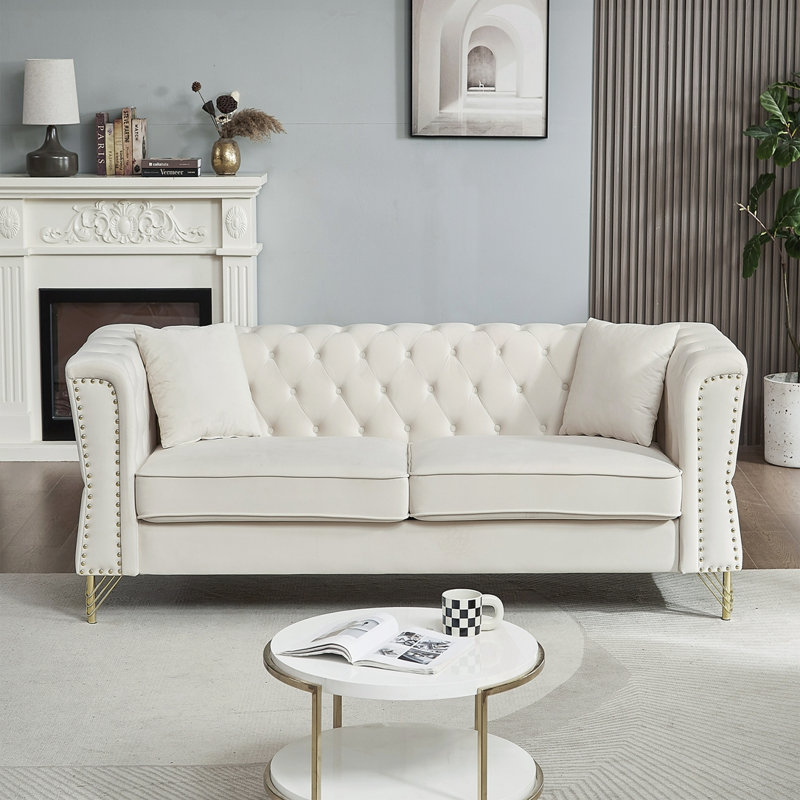 Canapé en velours capitonné, Beige, H 29,5 po x l 81,8 po x P 31,8 po