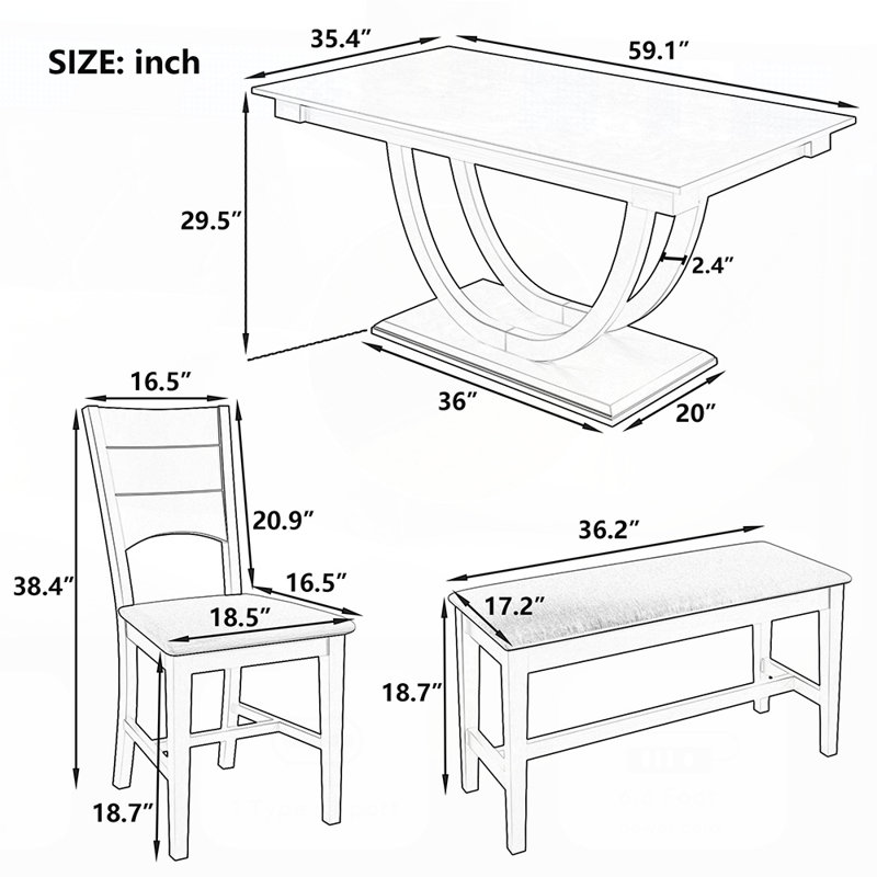 Ensemble de salle à manger 6 pièces en bois massif avec banc long et 4 chaises rembourrées, mélange moderne et traditionnel
