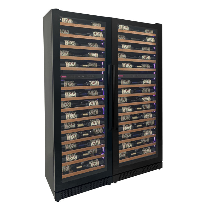 Allavino Reserva Series 134 Bottle 71" Shallow Four Zone Side-by-Side Wine Refrigerators with Black Doors and Wood Front Shelves