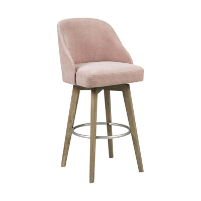 Tabouret de comptoir pivotant de couleur rose - Fabrication en bois massif et en métal, rembourrage en mousse, finition grise récupérée avec pieds pivotants, revêtement, finition, assemblage inclus