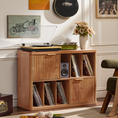 Meuble pour platine vinyle cannelée de 100 cm (39,5 pouces) avec rangement pour vinyles, étagères ouvertes et placards fermés