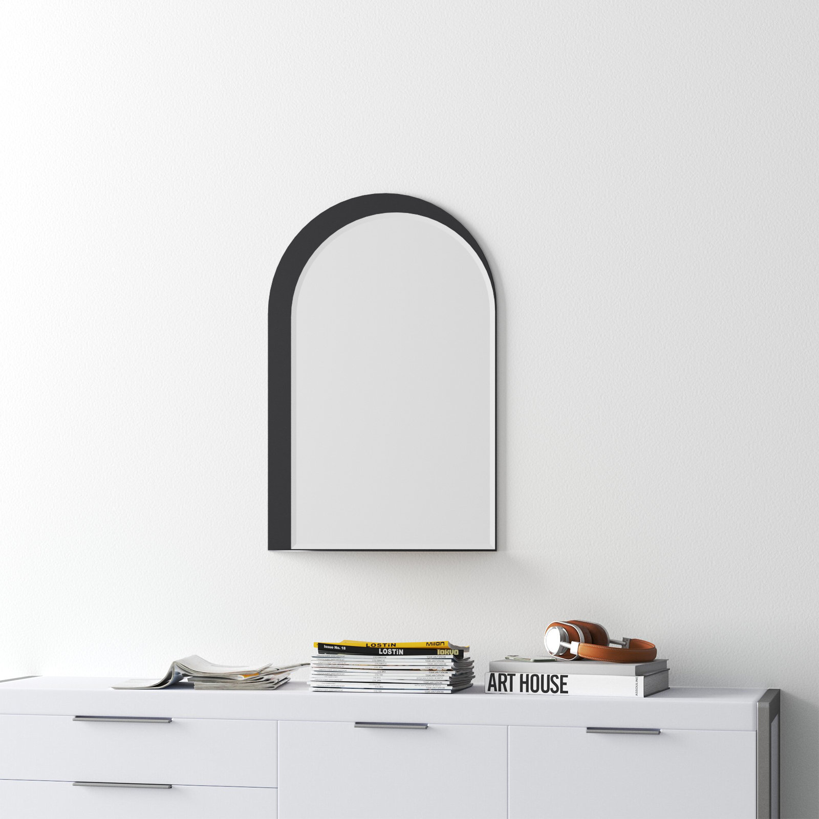 Wendolyn Metal Arch Mirror with Shelves, Black