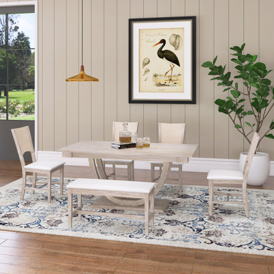 Ensemble de table de salle à manger 6 pièces en bois, avec 1 table rectangulaire, 1 banc long, 4 chaises de salle à manger rembourrées, 2 pieds demi-ronds et une base rectangulaire robuste, facile à assembler